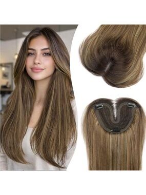Remy Clip-In Topper Hairpiece - Light Brown with Blonde Highlights